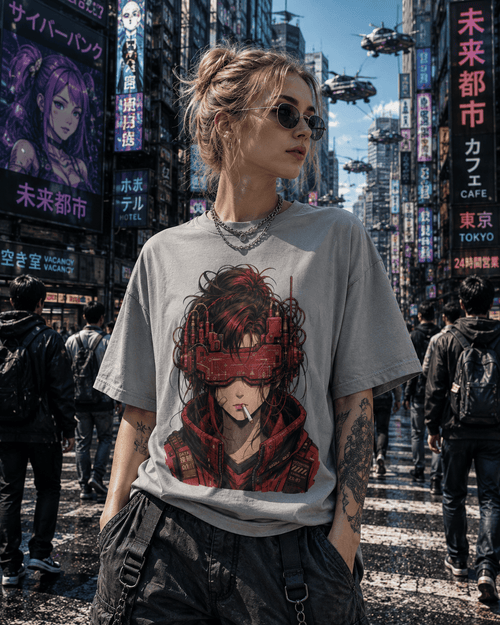 A woman wearing a light gray graphic t-shirt with a red-haired anime character print, standing in a busy, neon-lit city street resembling Tokyo with pedestrians and billboards in the background.