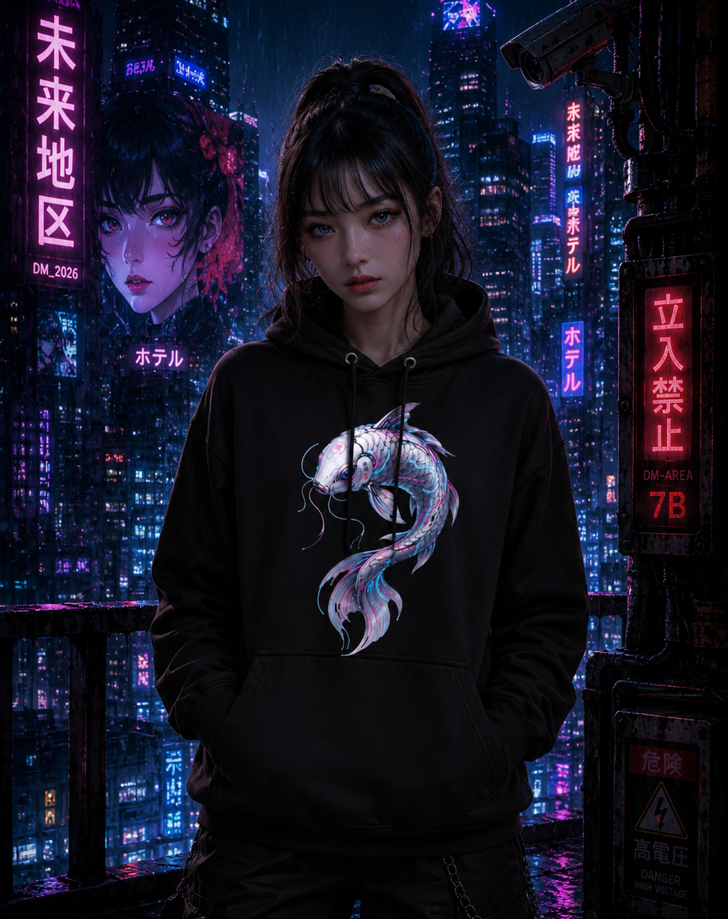 A person stands in a neon-lit futuristic city scene wearing a black hoodie with a large white and blue fish graphic on the front, paired with dark cargo pants.