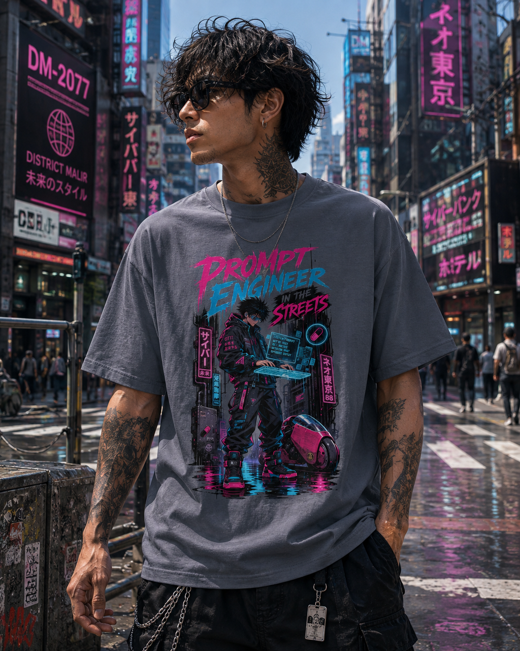 A man wearing a gray graphic t-shirt with a neon cyberpunk design, standing on a wet city street with neon signs in the background.