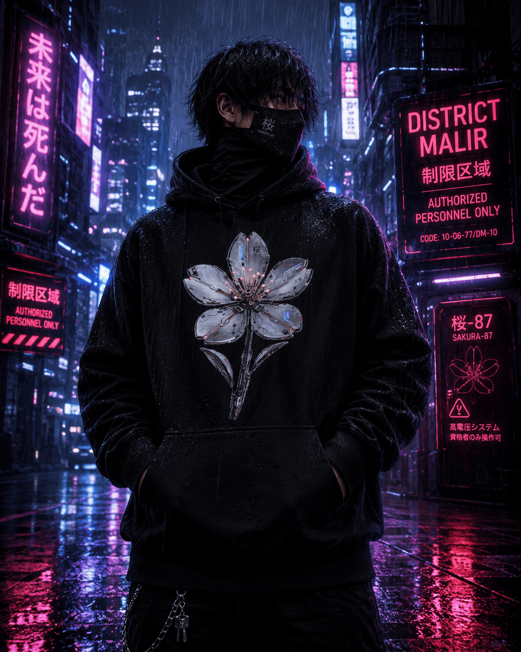 A person standing in a rainy neon-lit city street wearing a black hoodie with a large iridescent flower graphic on the front, a black face mask, and dark pants. Neon signs in pink, purple, and red glow in the background.