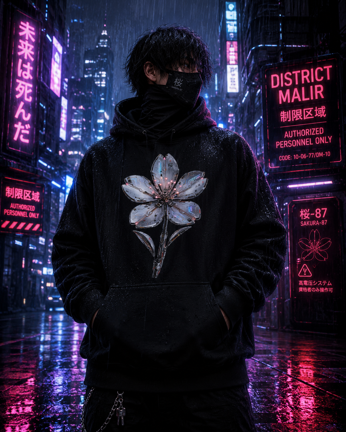 A person standing in a rainy neon-lit city street wearing a black hoodie with a large iridescent flower graphic on the front, a black face mask, and dark pants. Neon signs in pink, purple, and red glow in the background.