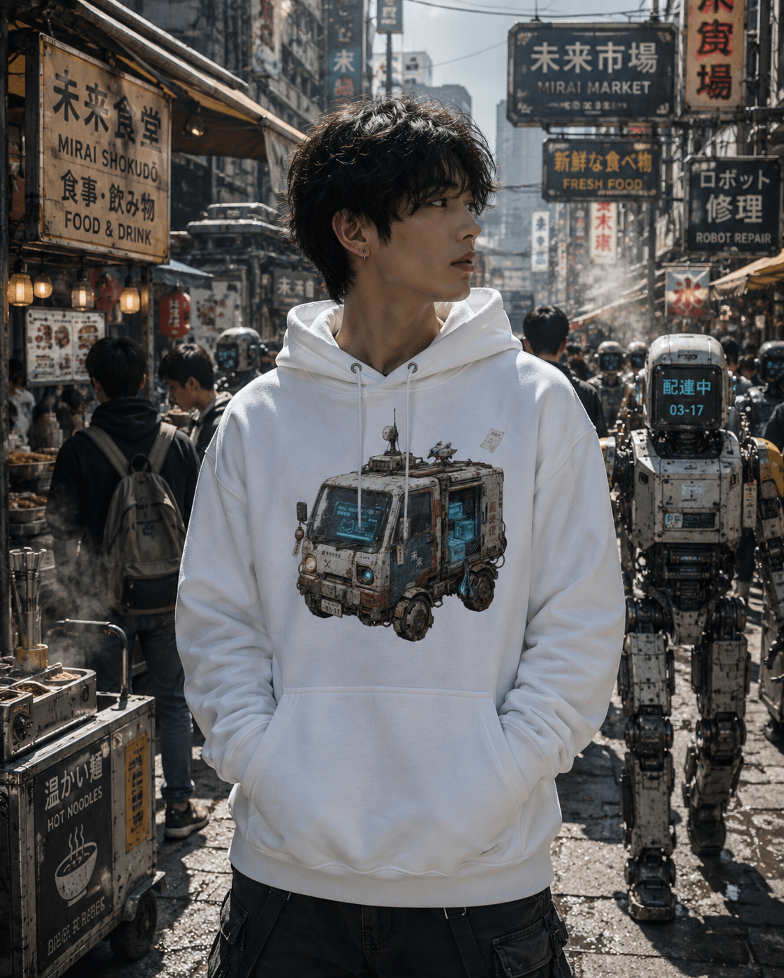 A man wearing a white pullover hoodie with a detailed graphic of a futuristic vehicle, standing in a busy, cinematic street scene with robots and Japanese signs.