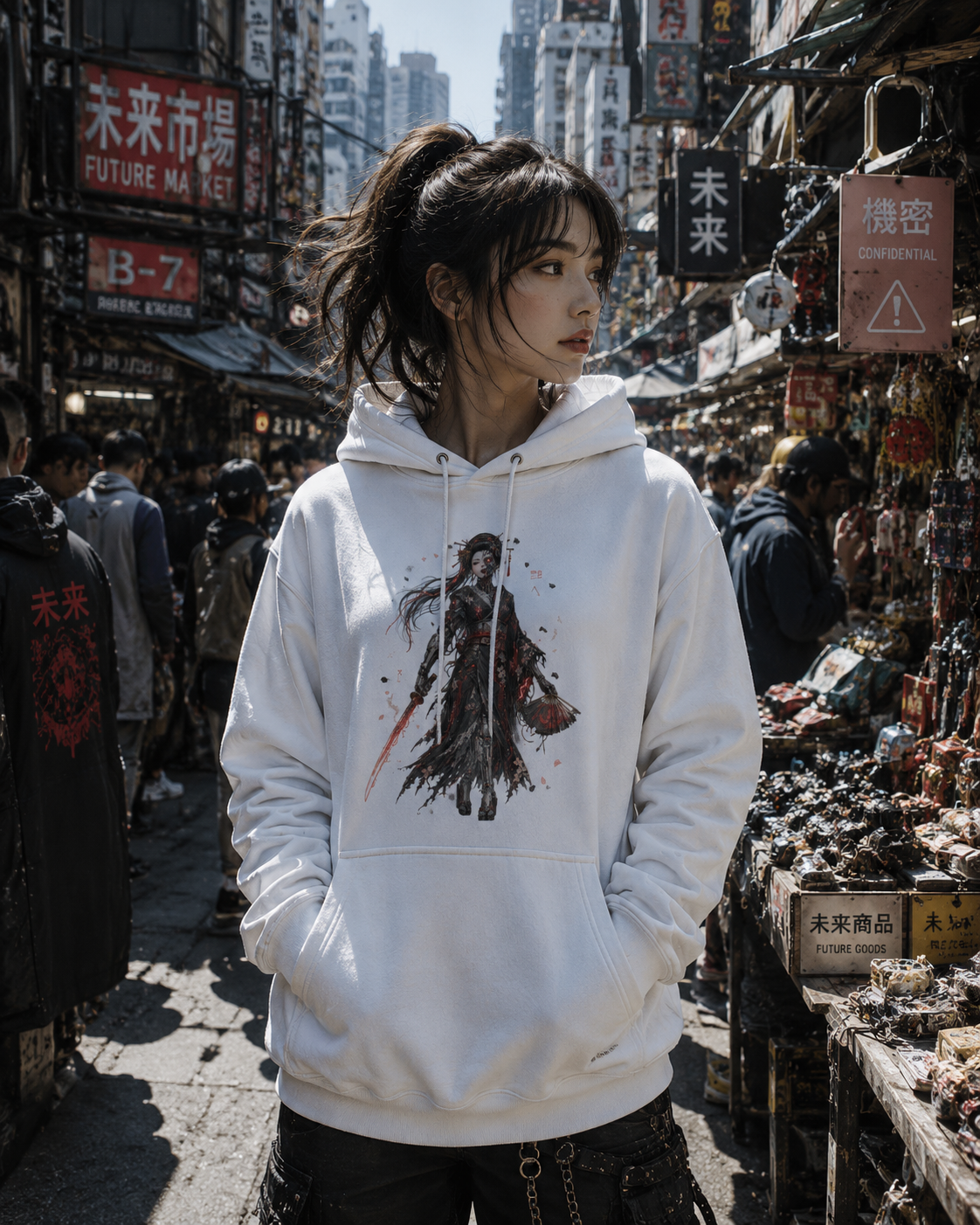 A woman stands in a busy outdoor street market wearing a white pullover hoodie with a large dark fantasy character graphic on the front. The scene includes storefronts, signs, and other people in the background.