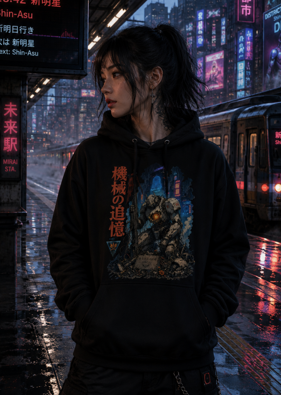 A person standing on a rainy city train platform wearing a black hoodie with a large graphic print on the front and dark pants, with neon signs and a train in the background.