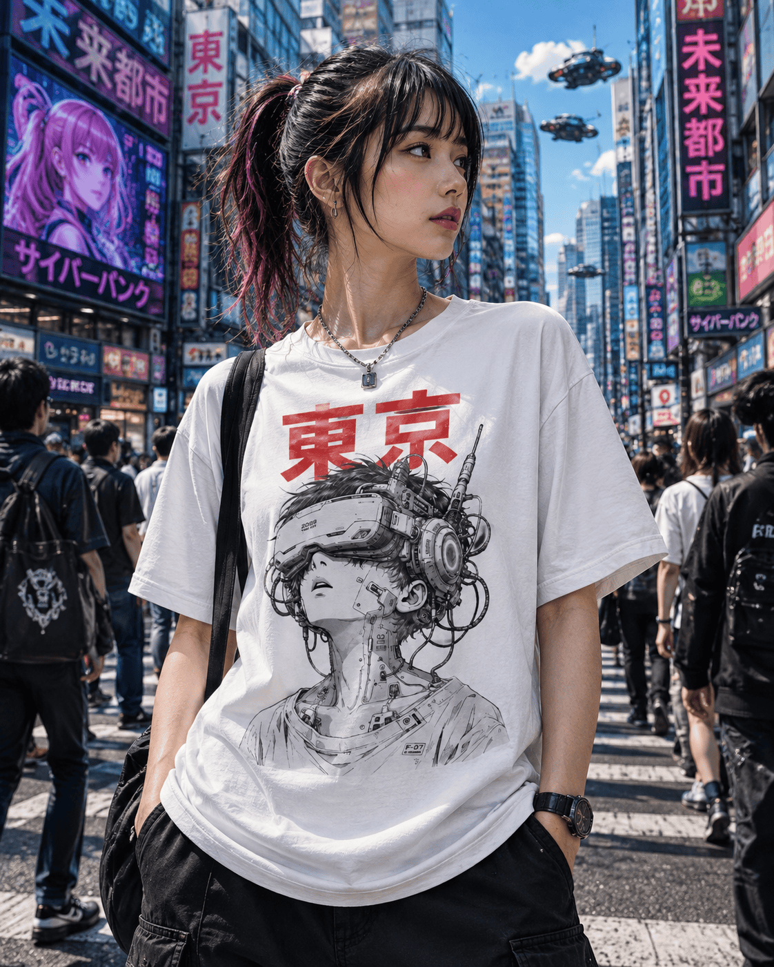 A woman wearing an oversized white graphic t-shirt with a red 'Tokyo' text and a black line art illustration of a cyberpunk character, standing in a busy, neon-lit city street resembling Shibuya, Tokyo.