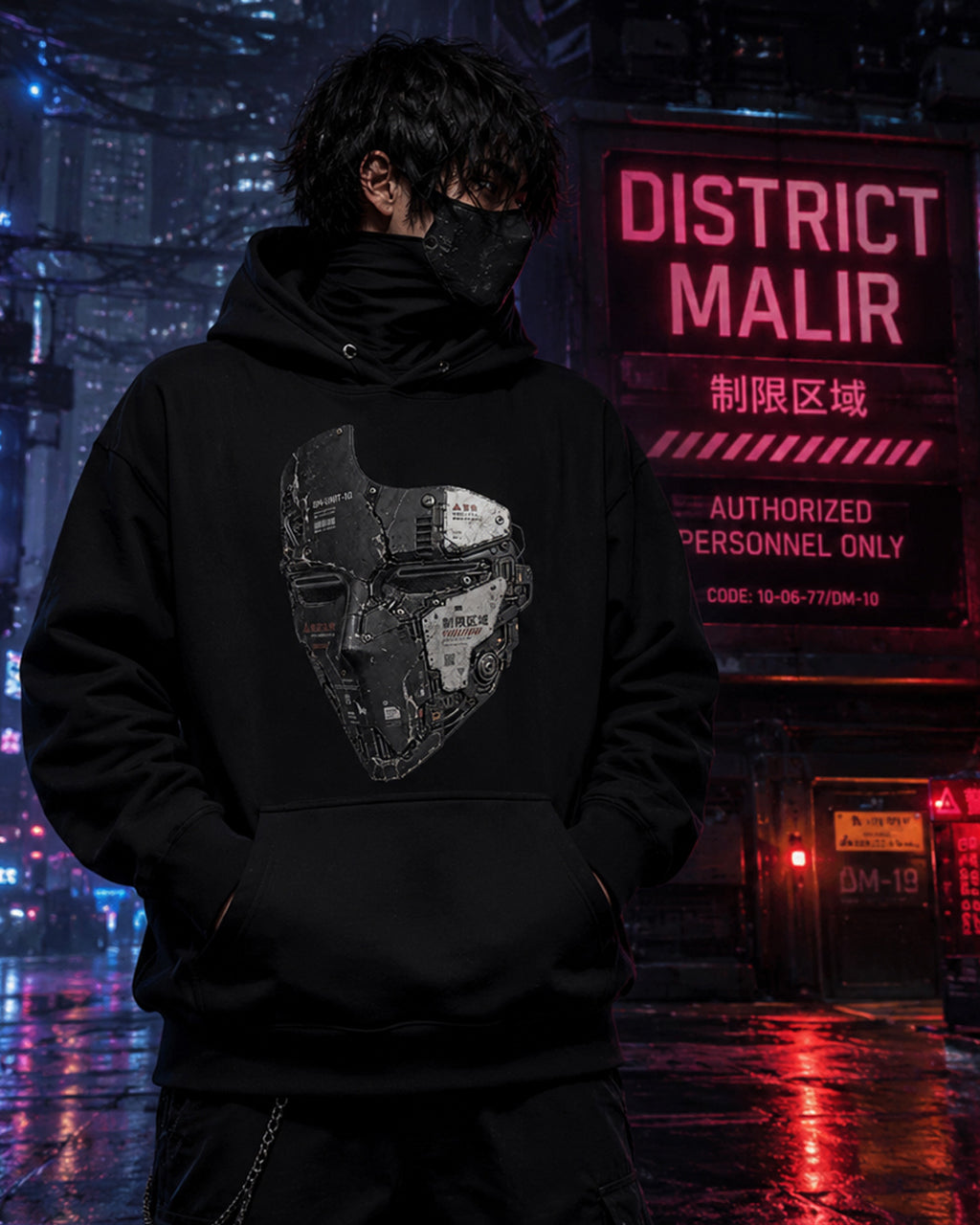 A person wearing a black hoodie with a large sci-fi mask graphic on the front, standing in a cyberpunk city scene with neon signs and reflective wet pavement.