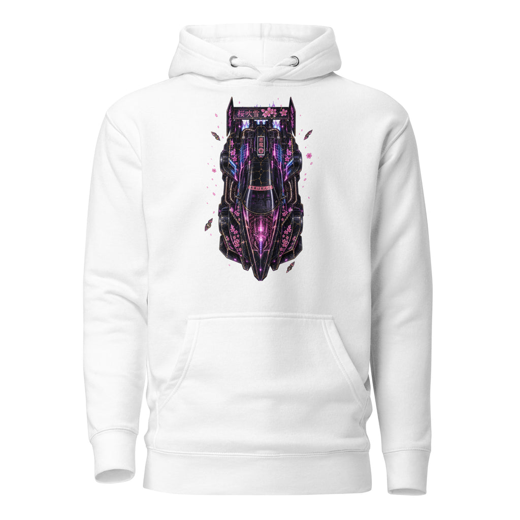 post-apocalyptic street scene wearing a white pullover hoodie 