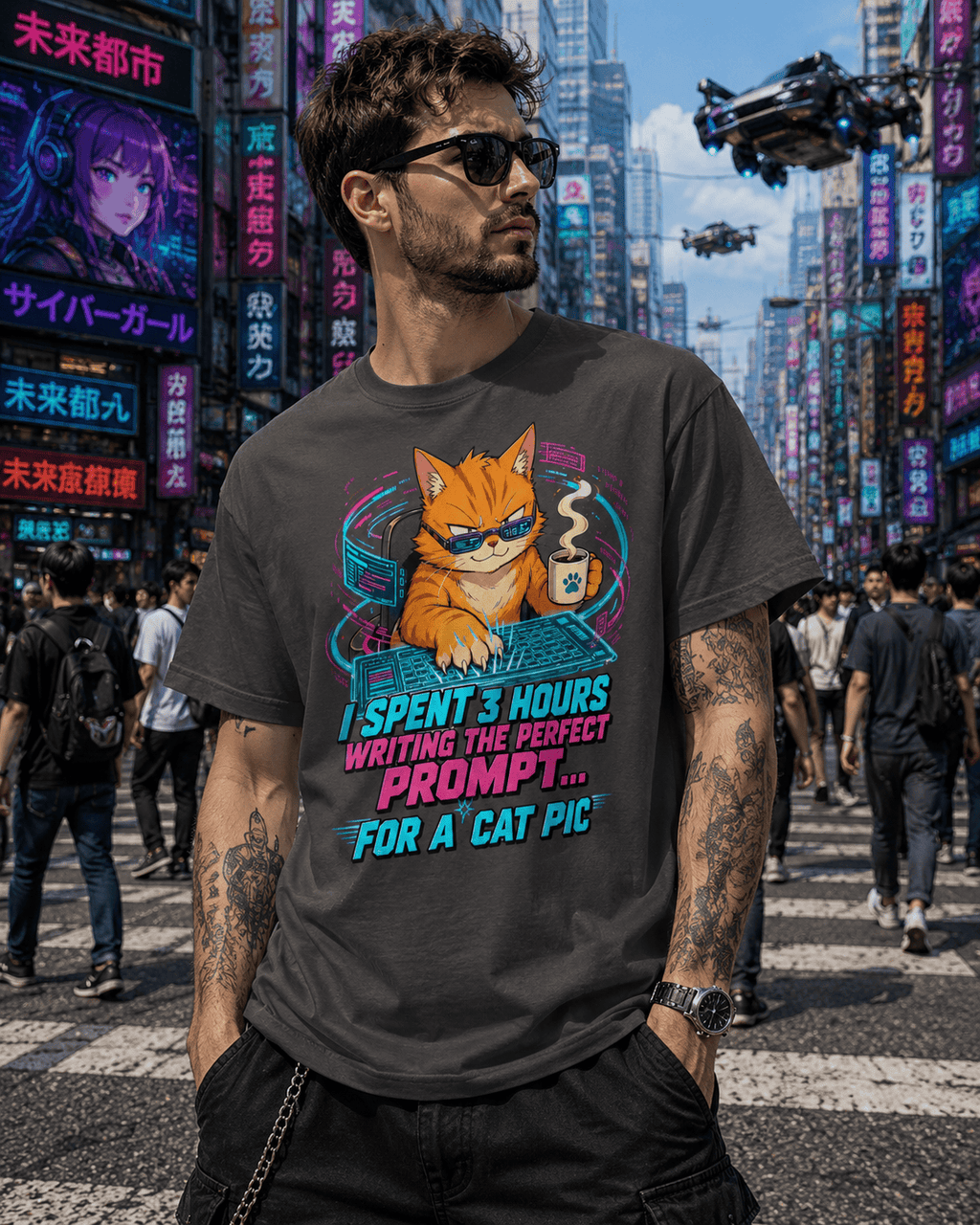 A man wearing a dark gray graphic t-shirt with a cartoon orange cat and Japanese text, standing in a busy futuristic city street with neon signs and flying vehicles.