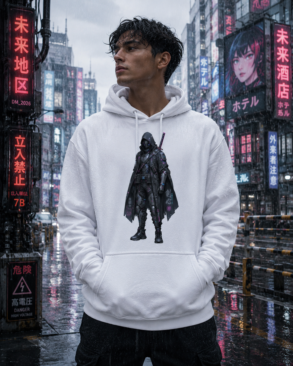 A man wearing a white pullover hoodie with a black graphic print of a hooded character, standing on a wet, neon-lit city street with Japanese signage in the background.