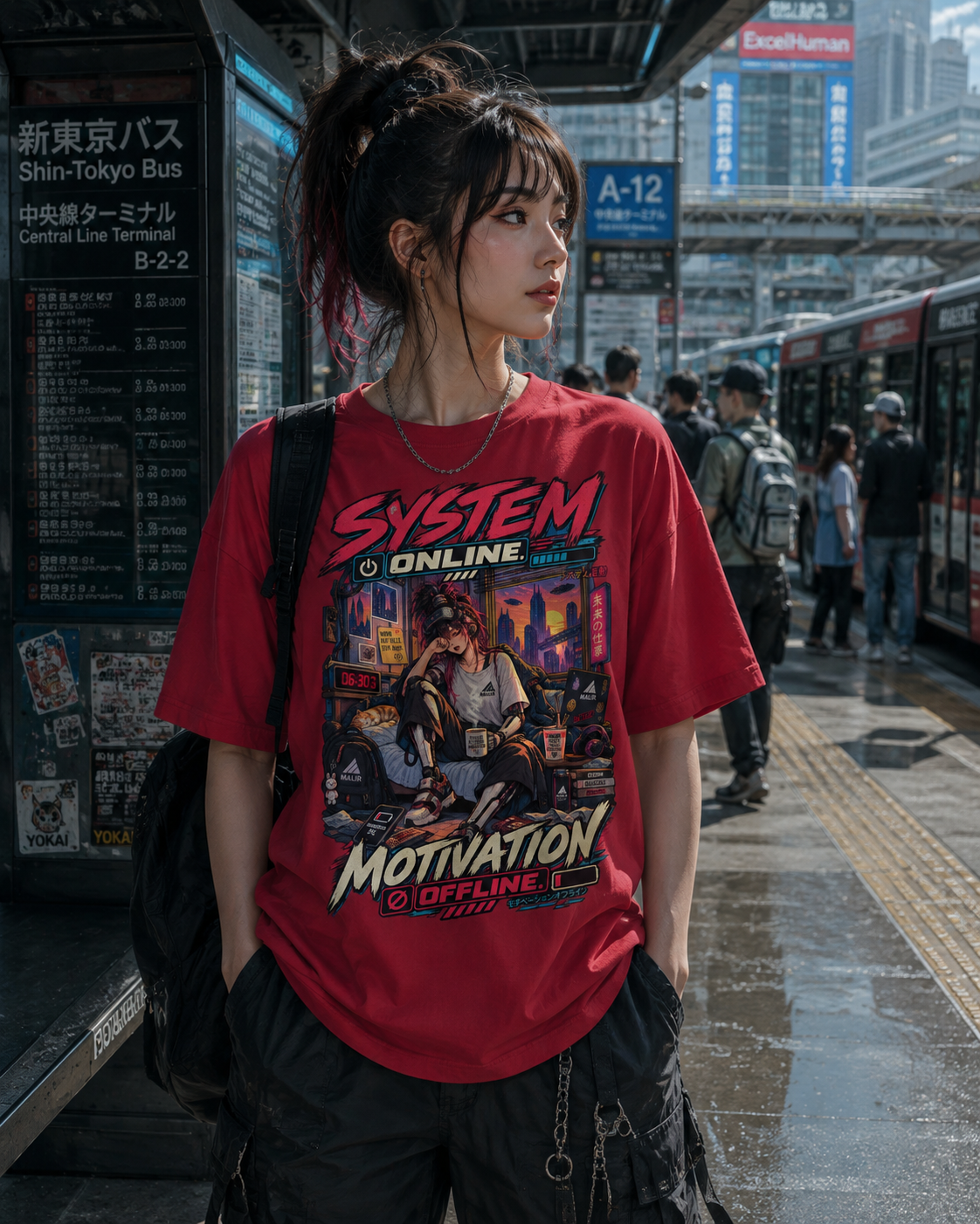 A woman standing on a Tokyo subway platform wearing a red graphic t-shirt with a cyberpunk-style illustration and text, paired with black cargo pants and a black backpack.