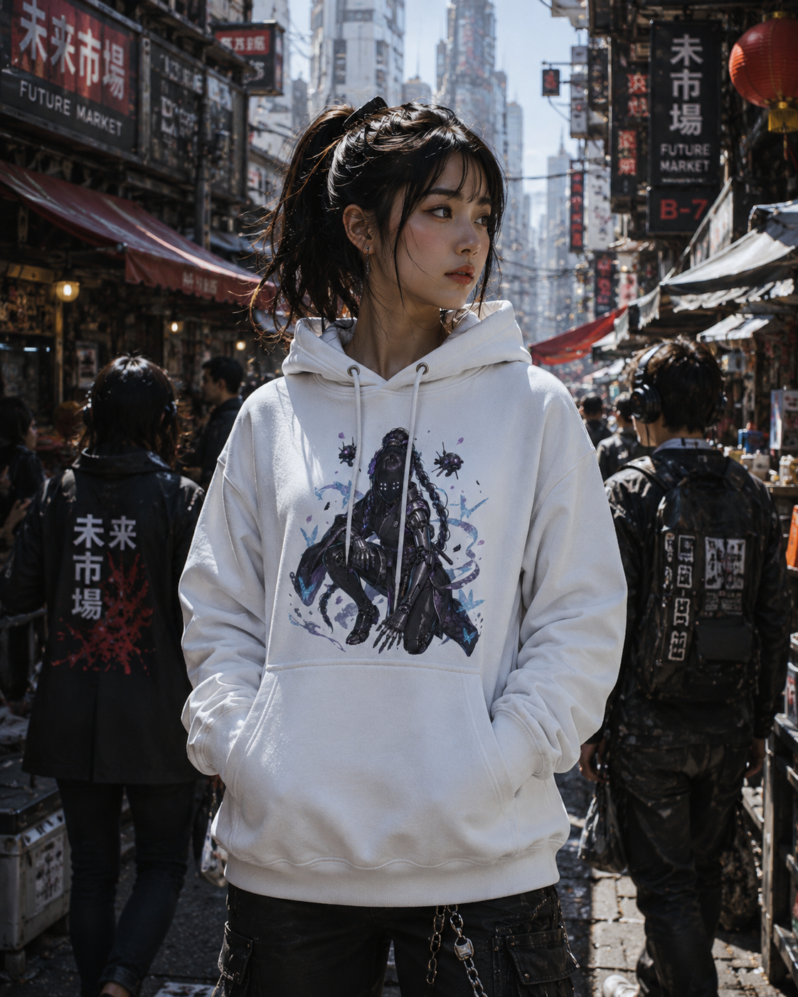 A woman stands in a busy outdoor street market wearing a white pullover hoodie with a large black and blue graphic print on the front. The background features other people, storefronts with red and black signage, and urban scenery.