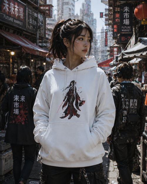 A woman stands in a busy outdoor street market wearing a white pullover hoodie with a large dark red and black graphic print on the front. The background features other people, storefronts with Chinese signage, and urban buildings.
