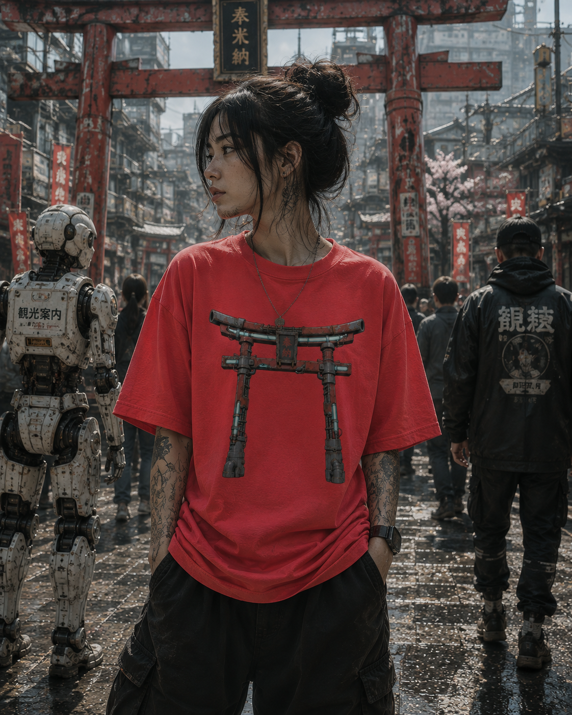 A woman stands in a moody, post-apocalyptic Japanese street wearing an oversized red t-shirt with a large black torii gate graphic on the front. The background features a red torii gate, a white robot on the left, and other characters in a detailed, atmospheric urban setting.