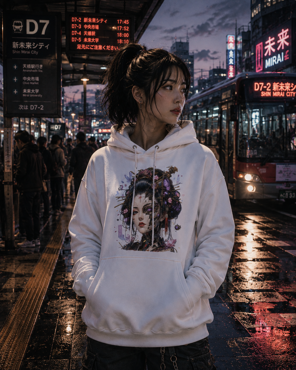 A woman stands on a wet city street at dusk wearing a white pullover hoodie with a large illustrated portrait graphic on the front. The background shows a busy urban transit station with signs, reflections on the pavement, and a bus.