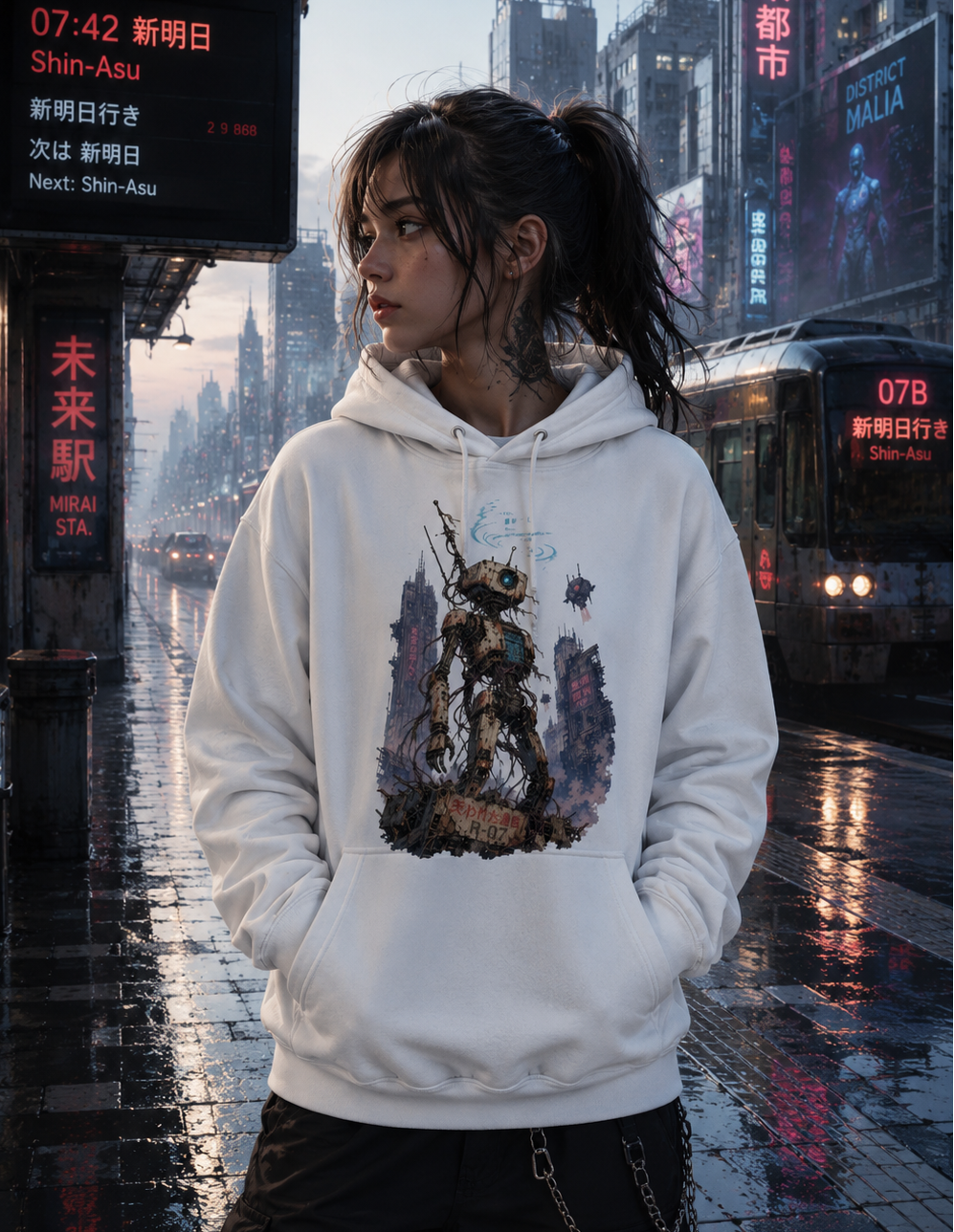 A woman stands on a wet city street at dusk wearing a white pullover hoodie with a large dark graphic print on the front. The background shows neon-lit buildings, Japanese signage, and trains.